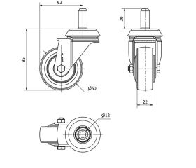 R.GIR.ESPIGA LISA M12x30 33BH60CP-PGIA POLIAMIX-GOMA GRIS EJE LISO