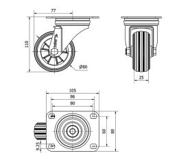 R.GIR.PLACA INOX.10ZVLI80-PSN POLIAMIX-GOMA NEGRA EJE LISO