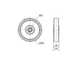 RUEDA HUB250-25-60 NUCLEO HIERRO Y BANDA POLIUR.NARANJA EJE BOLAS