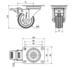 R.GIR.PLACA FRENO 10ZVLFD80-BSR METALICO-GOMA NEGRA EJE RODILLOS