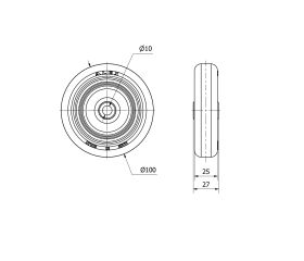 RUEDA PPI100-10-27 NUCLEO POLIAMIX Y BANDA POLIUR.ROJO EJE LISO
