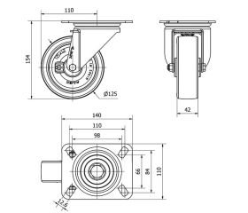 R.GIR.PLACA 10TVC125-PO NYLON BLANCO-POLIUR.ROJO EJE LISO