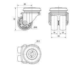 R.GIR.AGUJERO M10 21IBS40-BP PLASTICO GRIS (DOBLE) EJE LISO