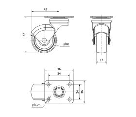 R.GIR.PLACA 10HSR40-BP PLASTICO GRIS EJE LISO