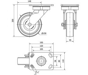 R.GIR.PLACA 10GT150-FT NYLON BLANCO EXTRAFUERTE EJE LISO