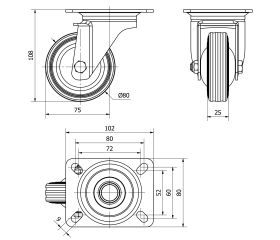 R.GIR.PLACA 120-080-1 CP METALICO-GOMA NEGRA EJE RODILLOS