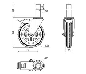 R.GIR.ANDAMIO FRENO 200-200-8 METALICO-GOMA NEGRA EJE RODILLOS