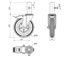 R.GIR.ANDAMIO FRENO 200-200-9 METALICO-GOMA NEGRA EJE RODILLOS