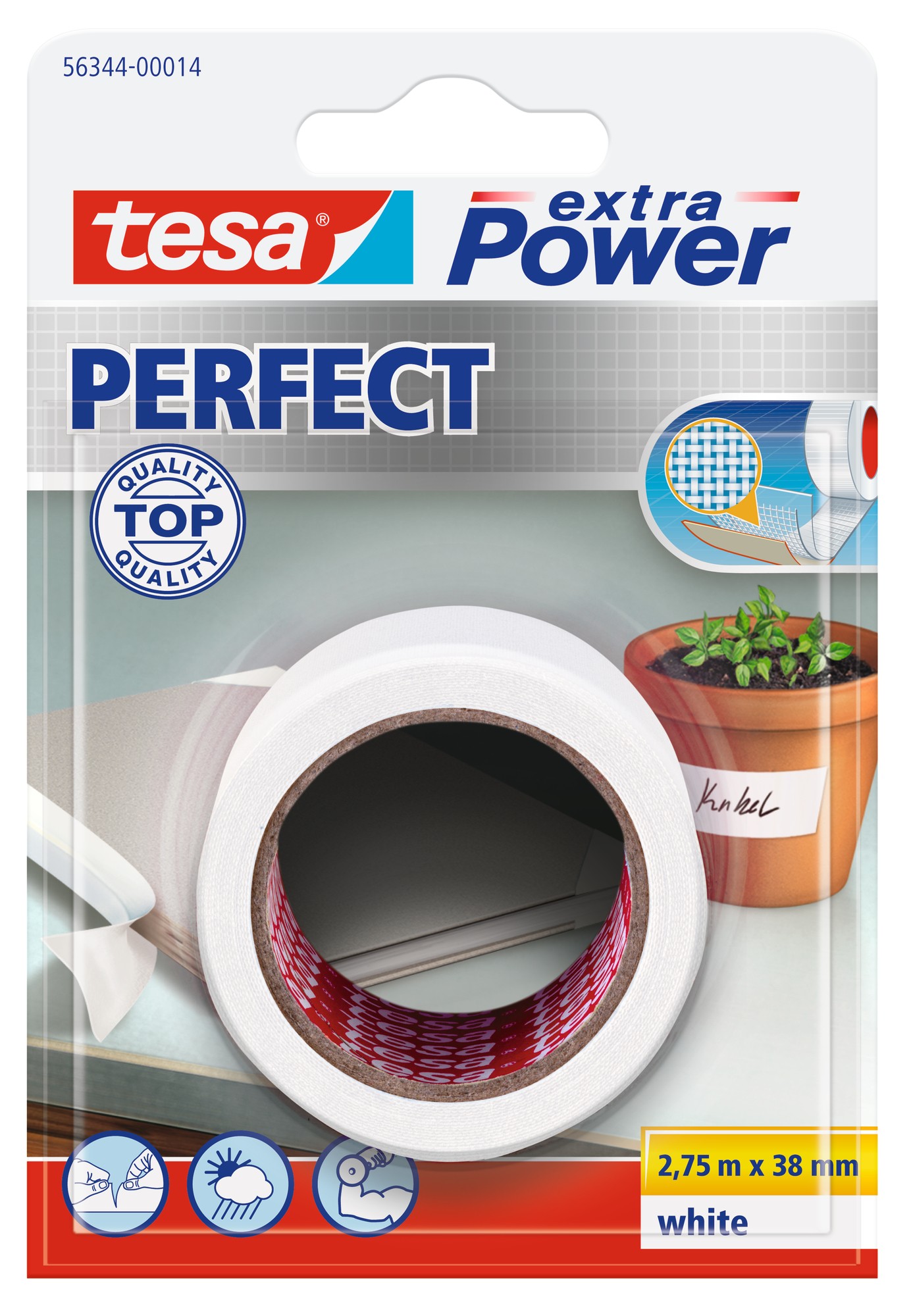tesa Extra Power Perfect. Cinta de tejido Extrafuerte - Blister - 2,75m x 38mm Blanca