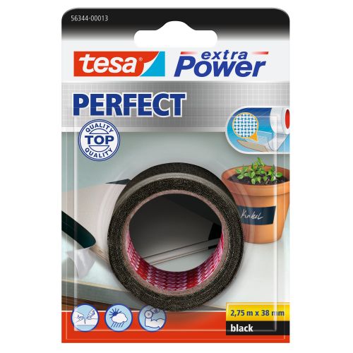 tesa Extra Power Perfect. Cinta de tejido Extrafuerte - Blister - 2,75m x 38mm Negra