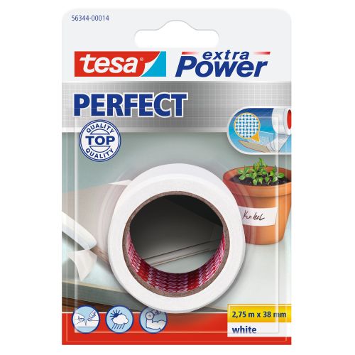 tesa Extra Power Perfect. Cinta de tejido Extrafuerte - Blister - 2,75m x 38mm Blanca