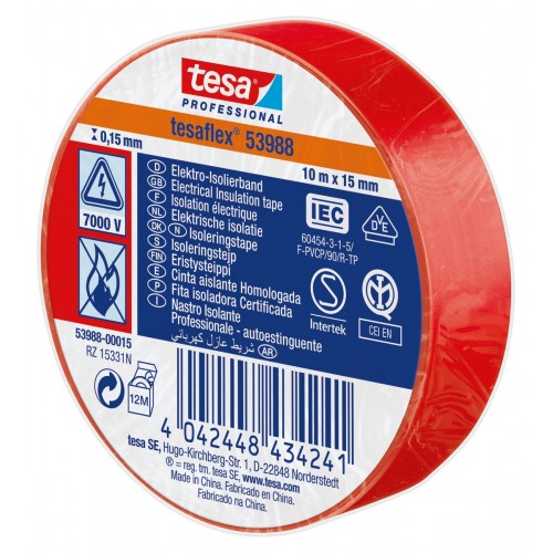 tesa 53988 Cinta Aislante Homologada 10m x 15mm Rojo