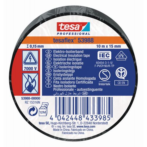 tesa 53988 Cinta Aislante Homologada 10m x 15mm Negro