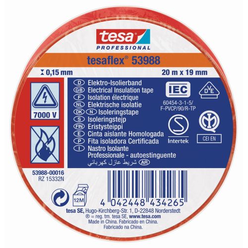 tesa 53988 Cinta Aislante Homologada 20m x 19mm Rojo