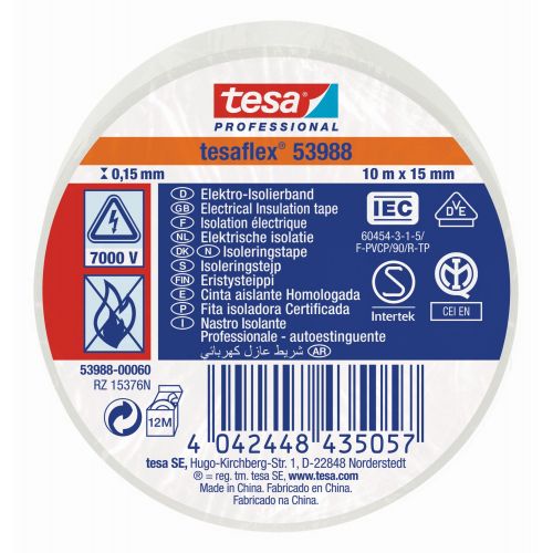 tesa 53988 Cinta Aislante Homologada 10m x 15mm Blanco