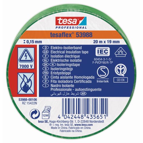 tesa 53988 Cinta Aislante Homologada 20m x 19mm Verde