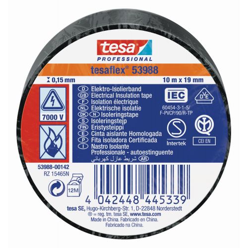 tesa 53988 Cinta Aislante Homologada 10m x 19mm Negro