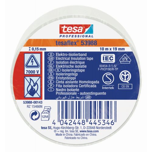 tesa 53988 Cinta Aislante Homologada 10m x 19mm Blanco