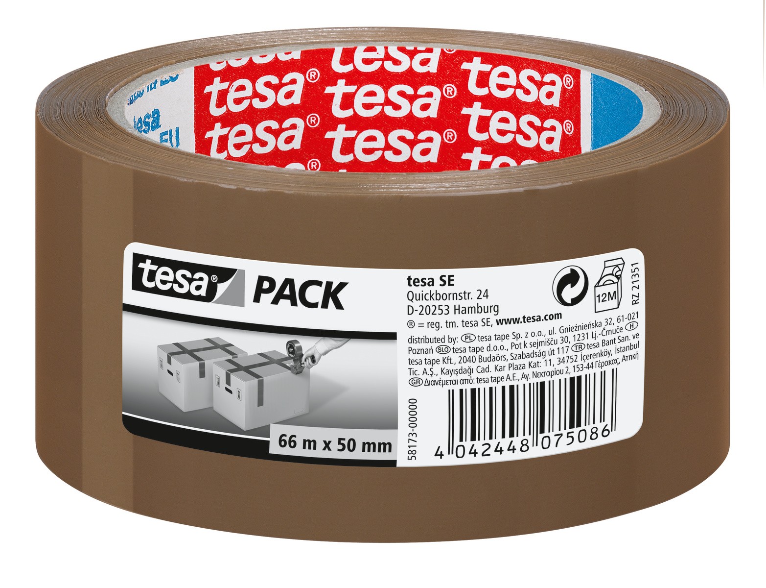 Cinta de embalaje tesapack® Standard PP 66m x 50mm marrón c.etiqueta indiv.