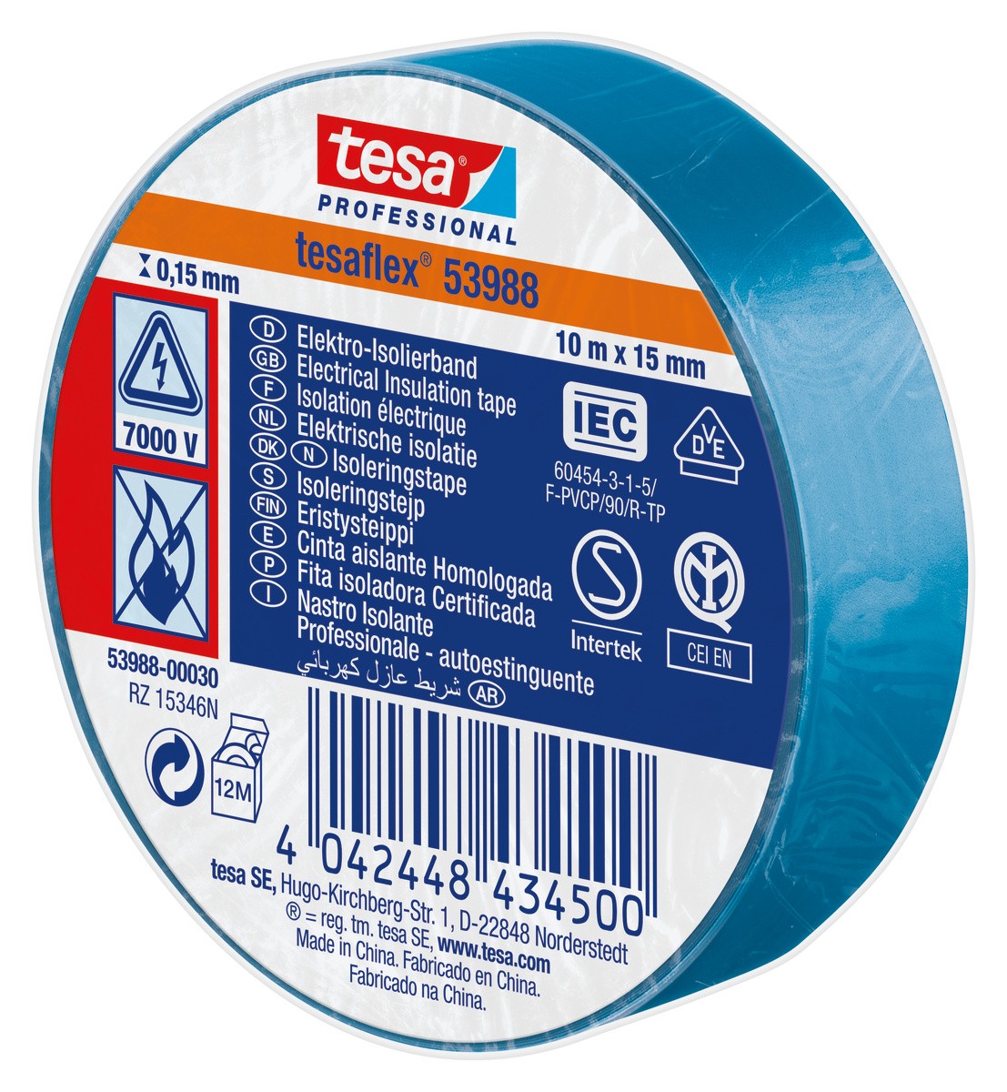 tesa 53988 Cinta Aislante Homologada 10m x 15mm Azul