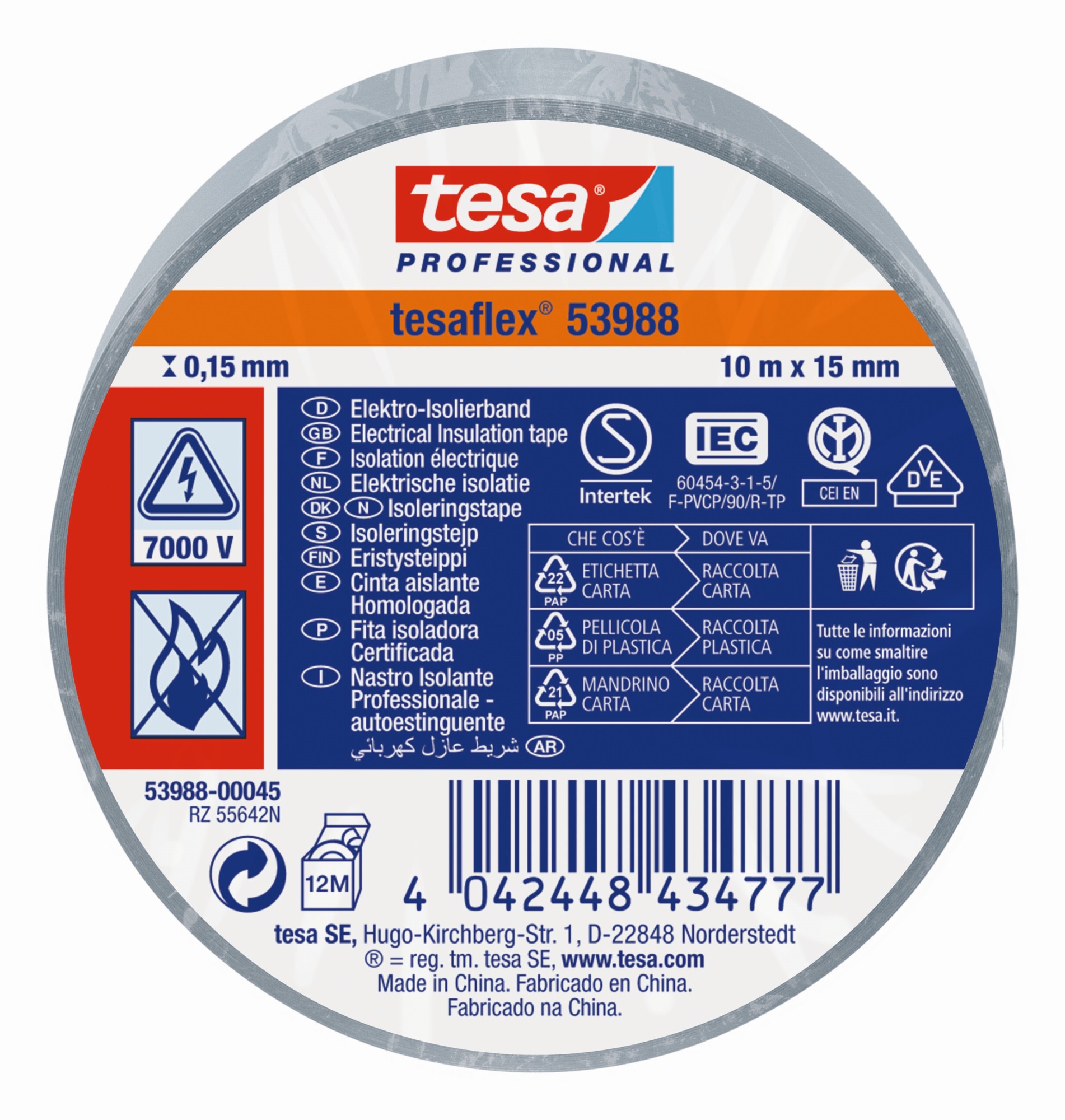 tesa 53988 Cinta Aislante Homologada 10m x 15mm Gris