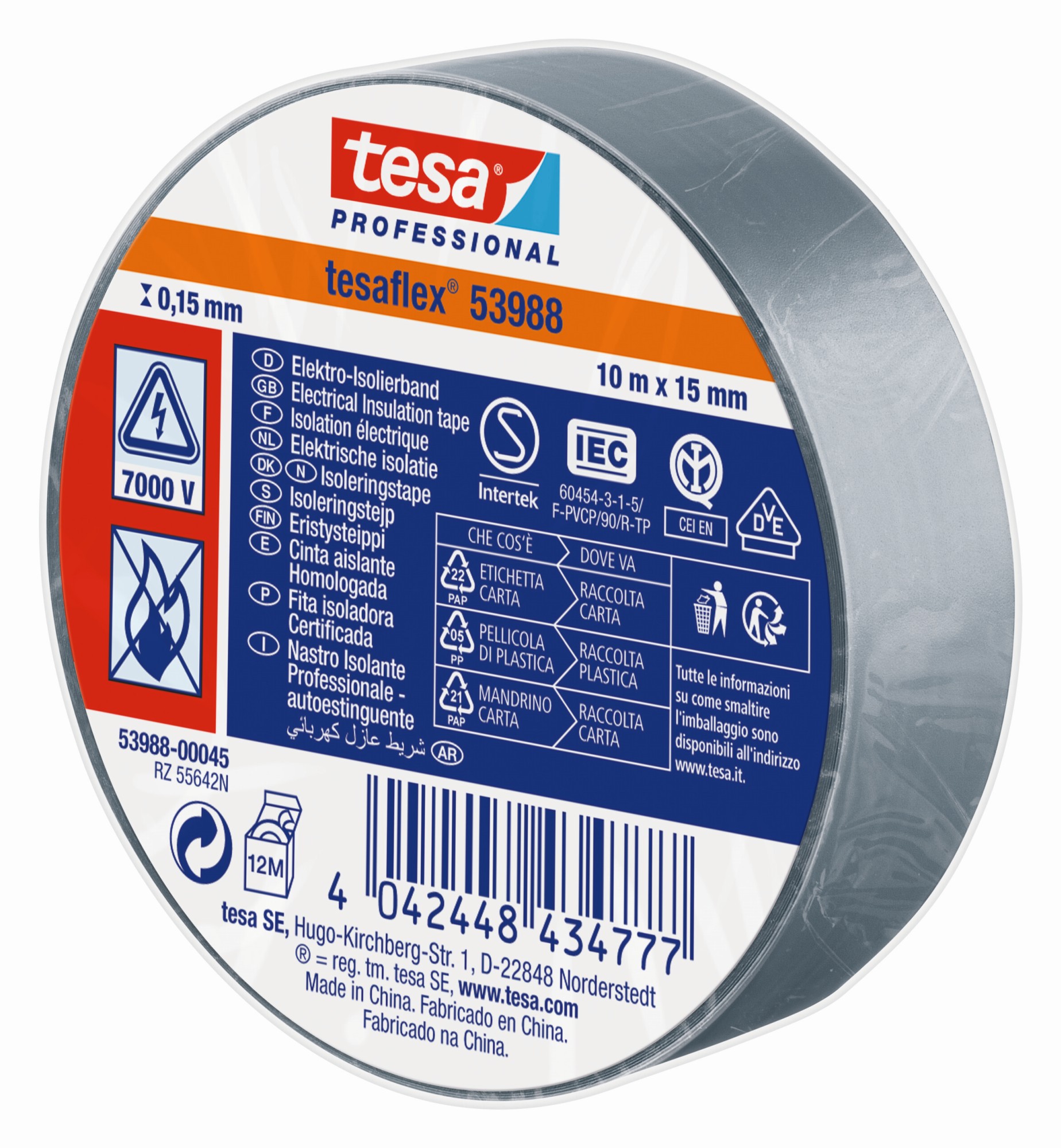 tesa 53988 Cinta Aislante Homologada 10m x 15mm Gris