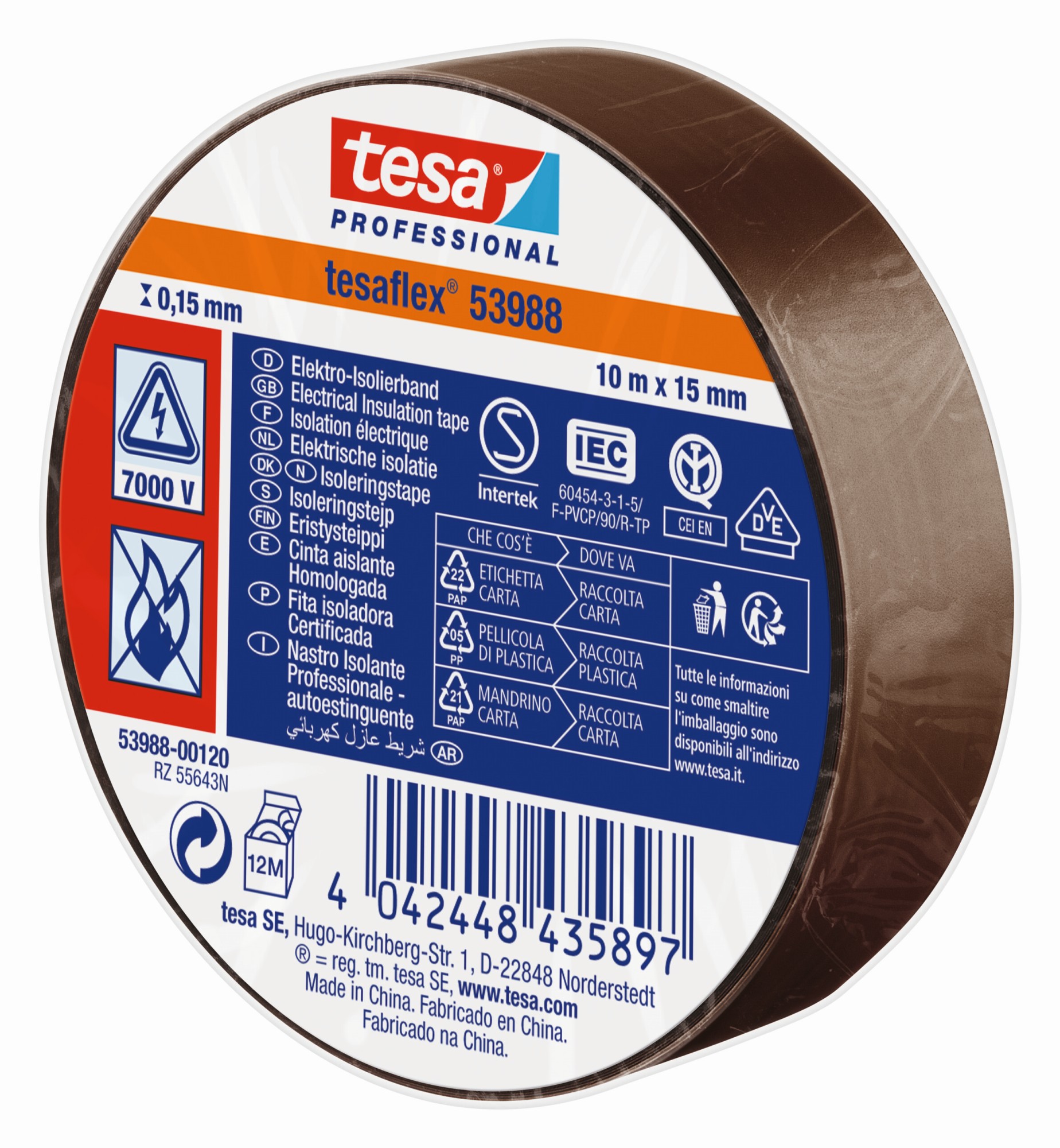 tesa 53988 Cinta Aislante Homologada 10m x 15mm Marrón