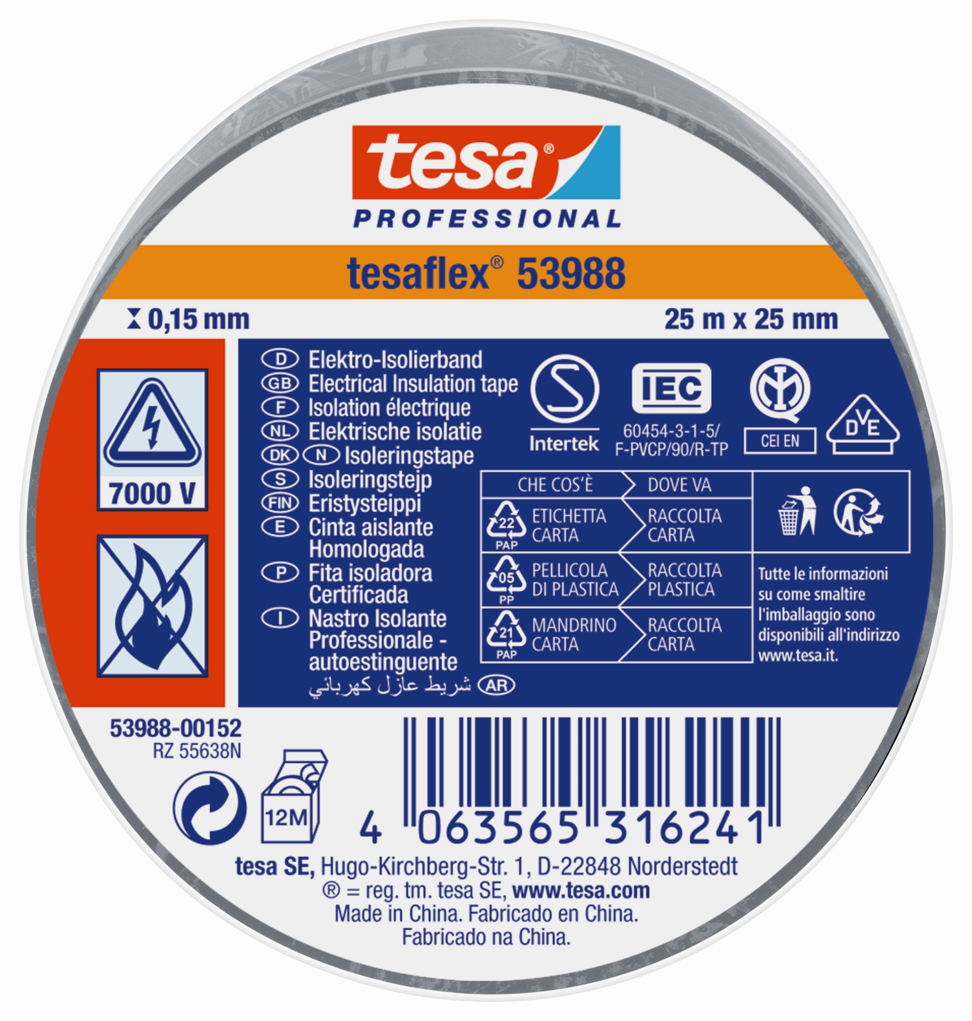 tesa 53988 Cinta Aislante Homologada 25m x 25mm Gris