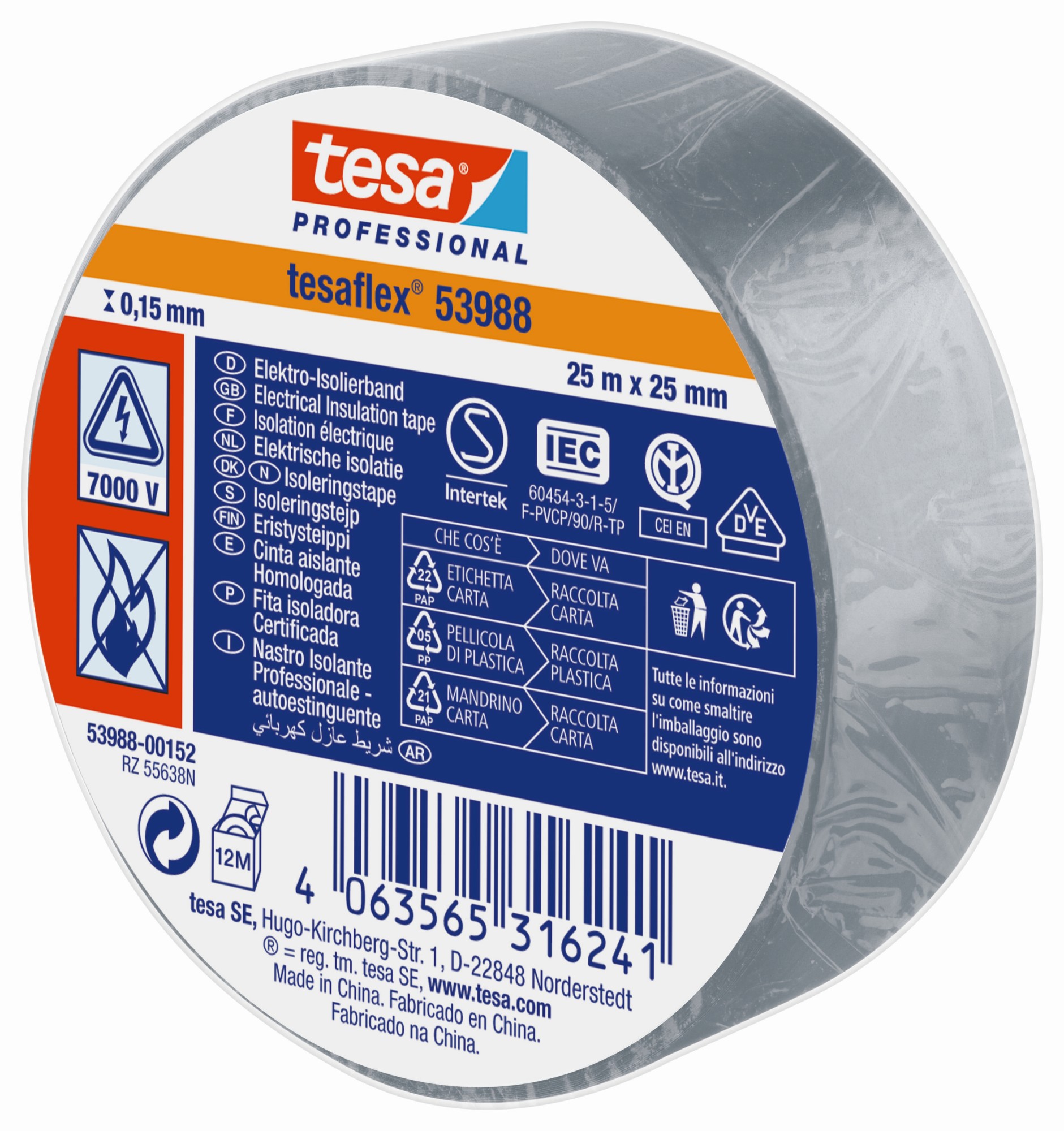 tesa 53988 Cinta Aislante Homologada 25m x 25mm Gris