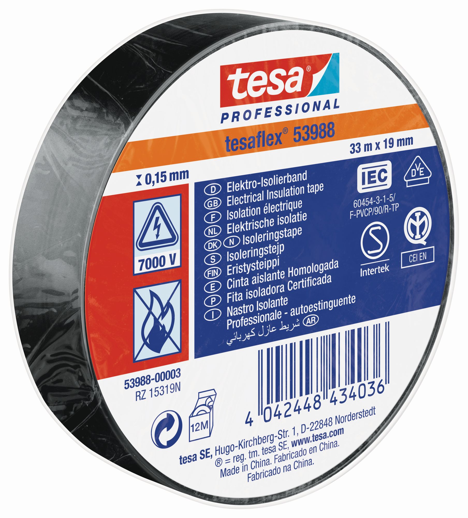 tesa 53988 Cinta Aislante Homologada 33m x 19mm Negro