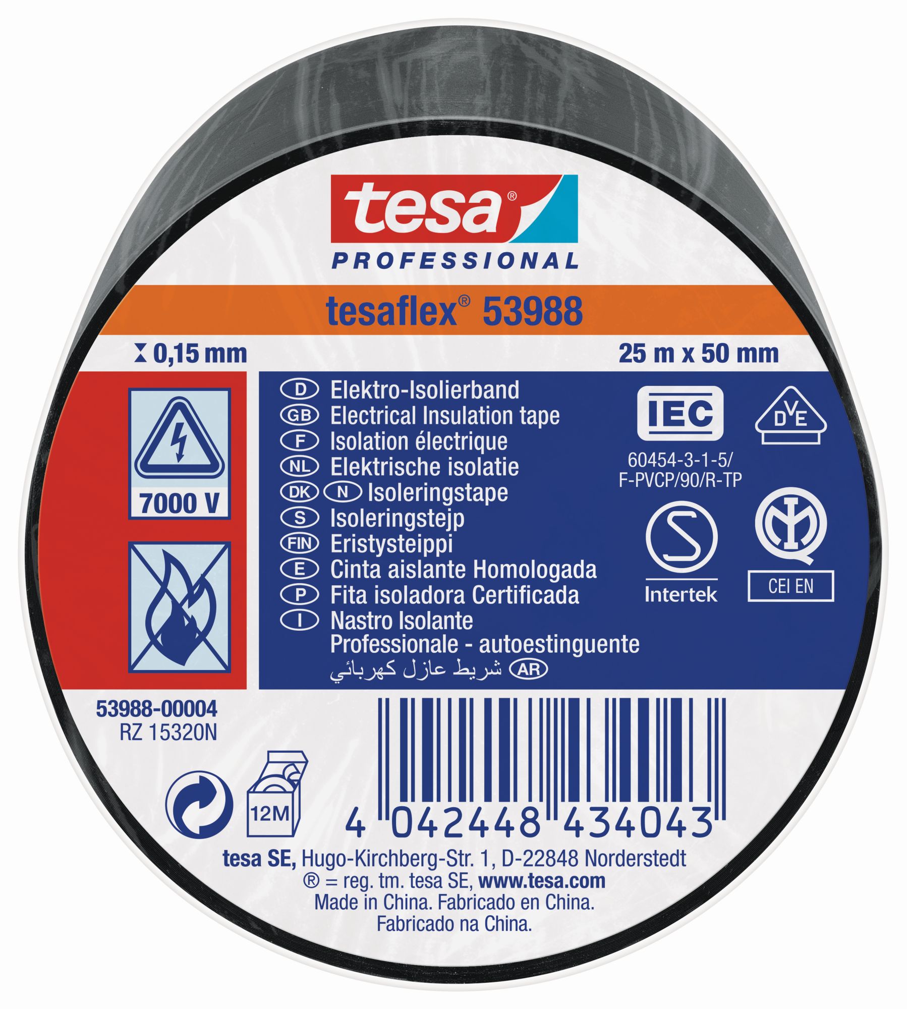 tesa 53988 Cinta Aislante Homologada 25m x 50mm Negro
