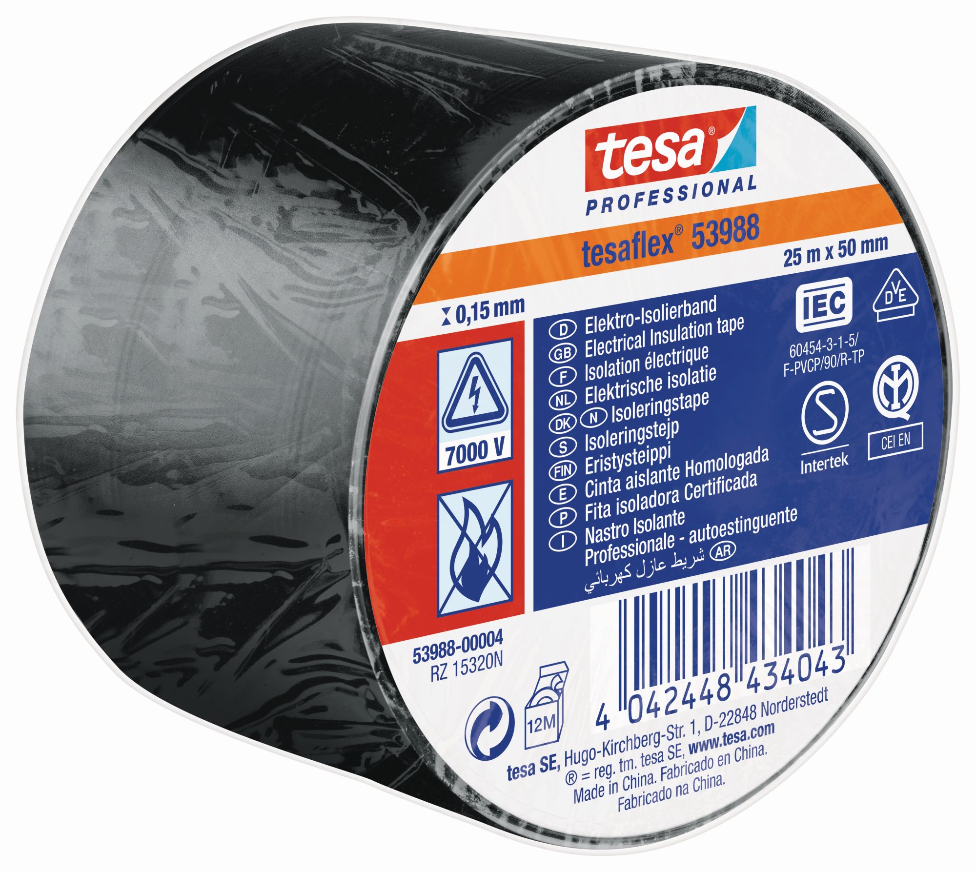 tesa 53988 Cinta Aislante Homologada 25m x 50mm Negro