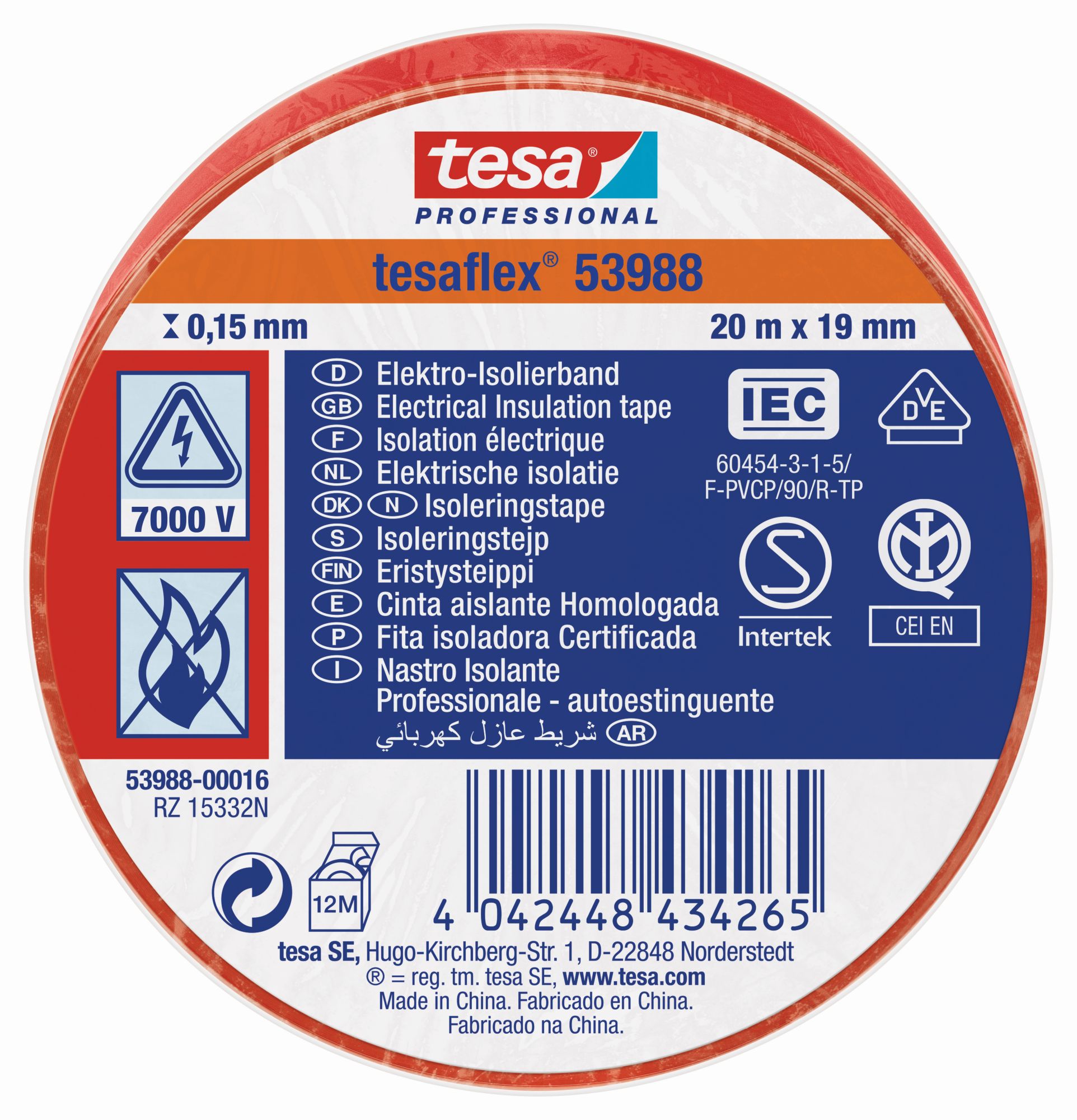 tesa 53988 Cinta Aislante Homologada 20m x 19mm Rojo
