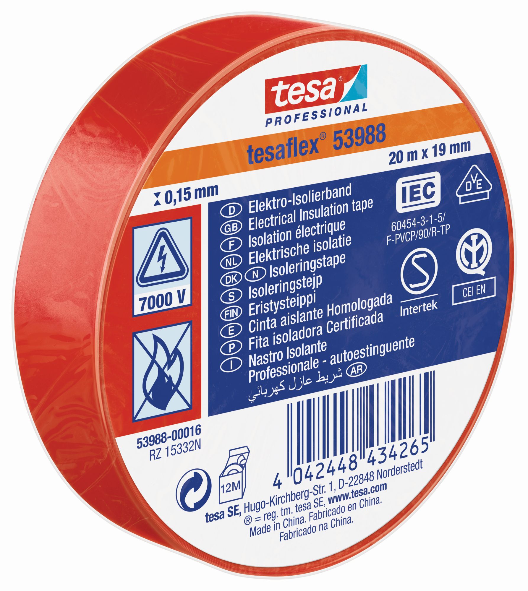 tesa 53988 Cinta Aislante Homologada 20m x 19mm Rojo