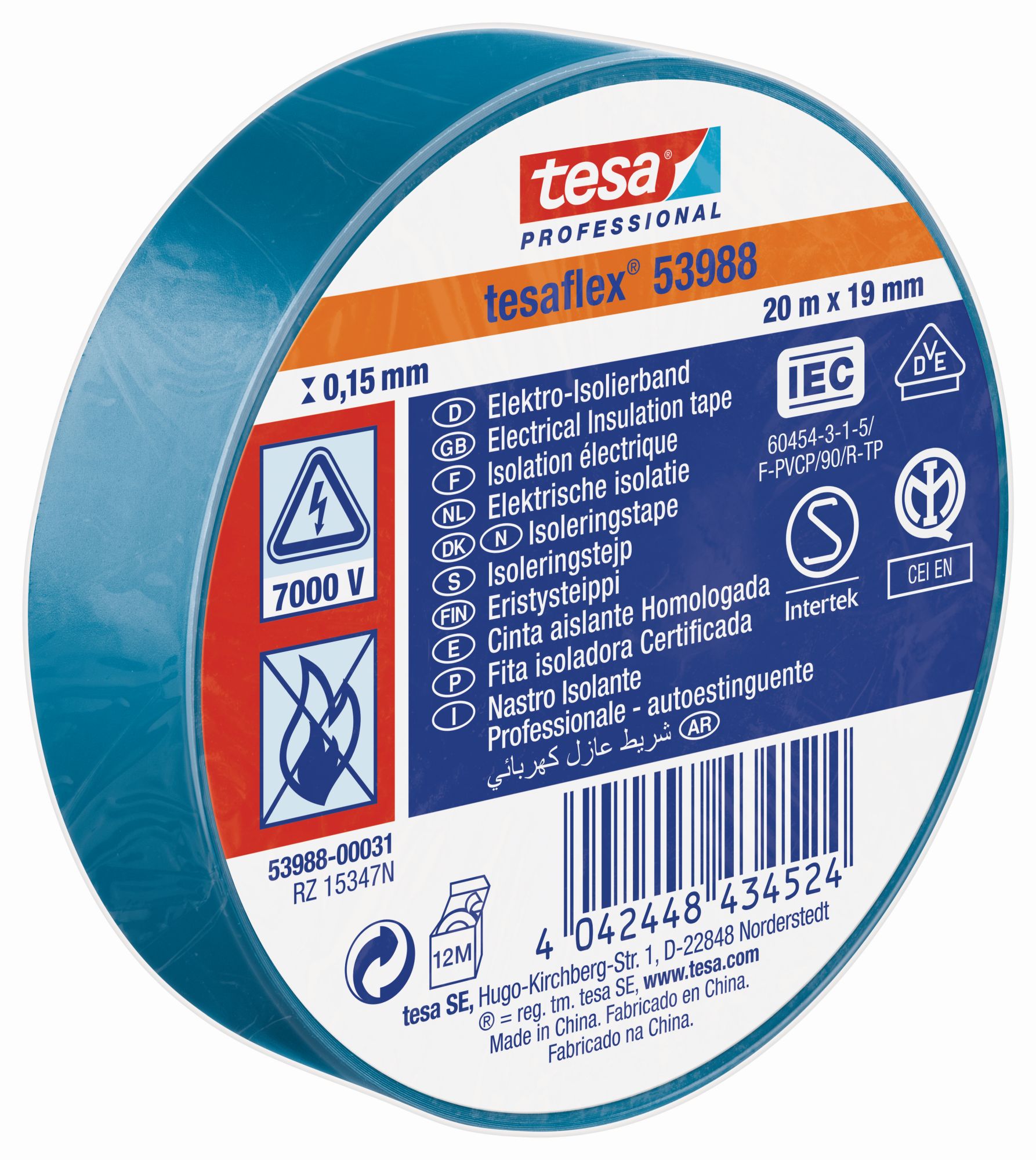 tesa 53988 Cinta Aislante Homologada 20m x 19mm Azul