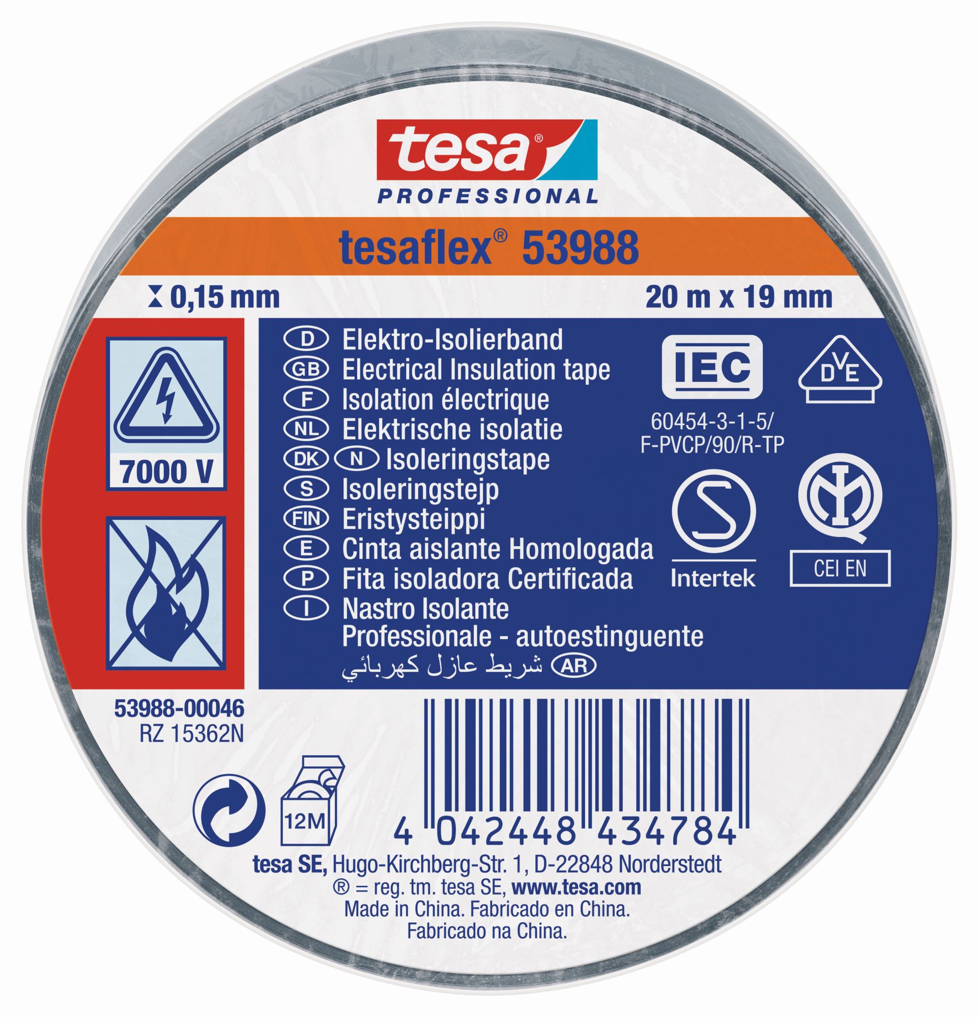 tesa 53988 Cinta Aislante Homologada 20m x 19mm Gris