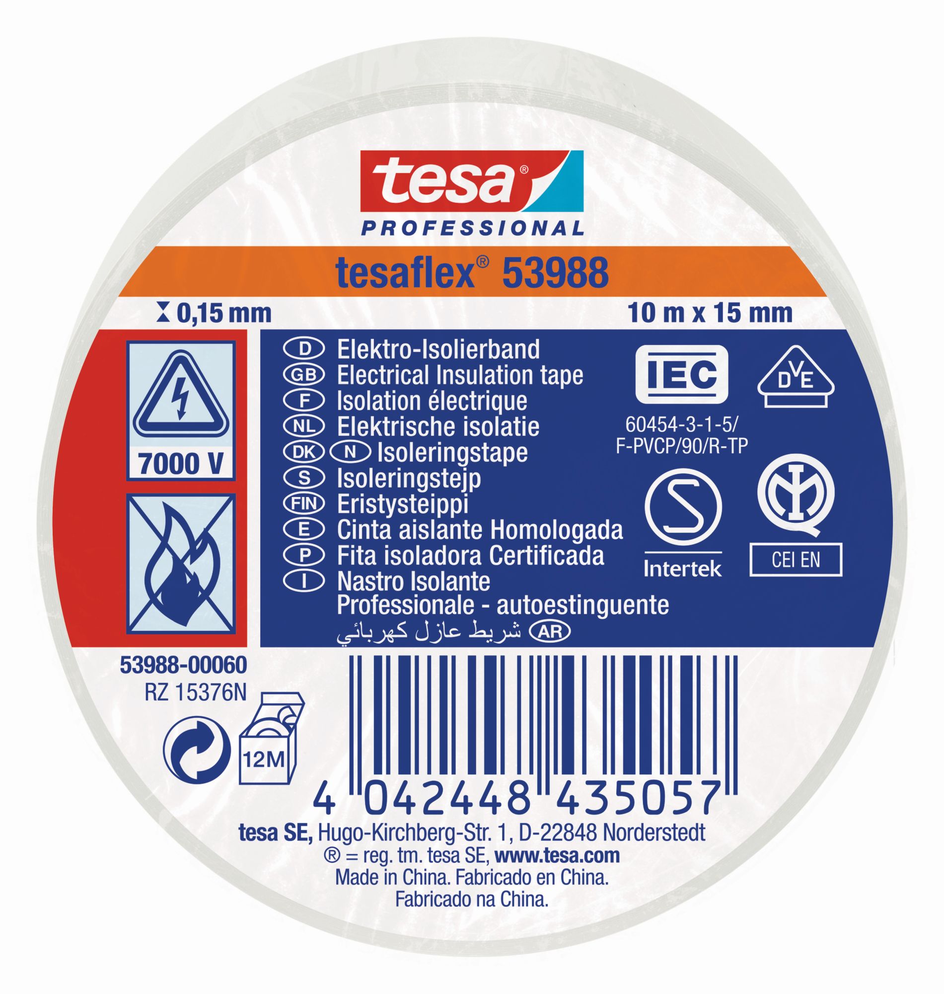tesa 53988 Cinta Aislante Homologada 10m x 15mm Blanco