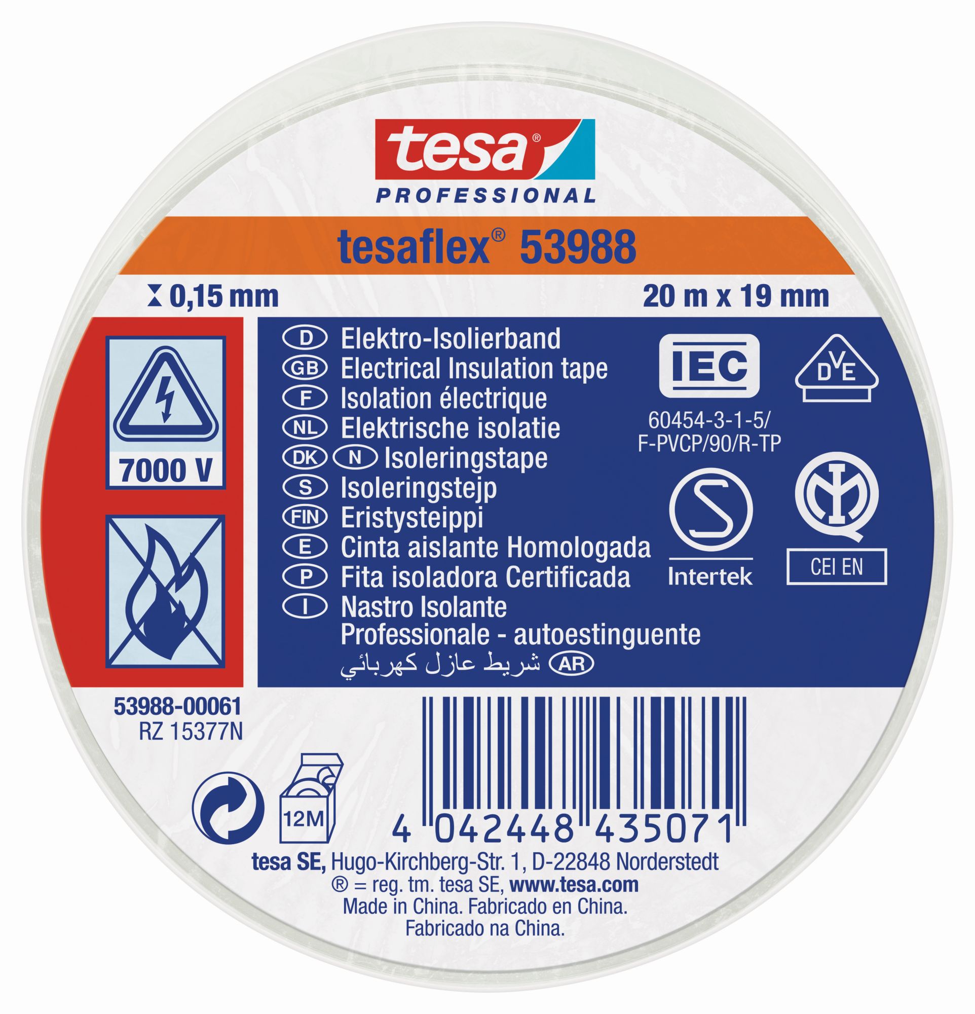 tesa 53988 Cinta Aislante Homologada 20m x 19mm Blanco