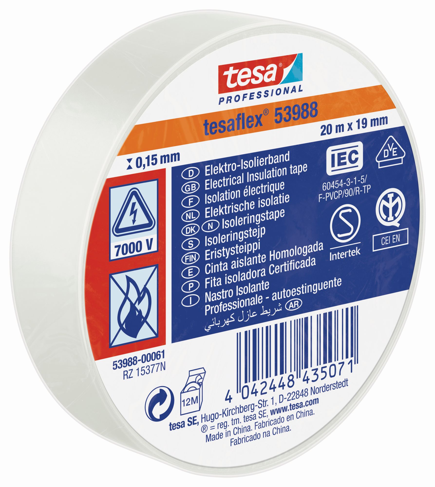 tesa 53988 Cinta Aislante Homologada 20m x 19mm Blanco