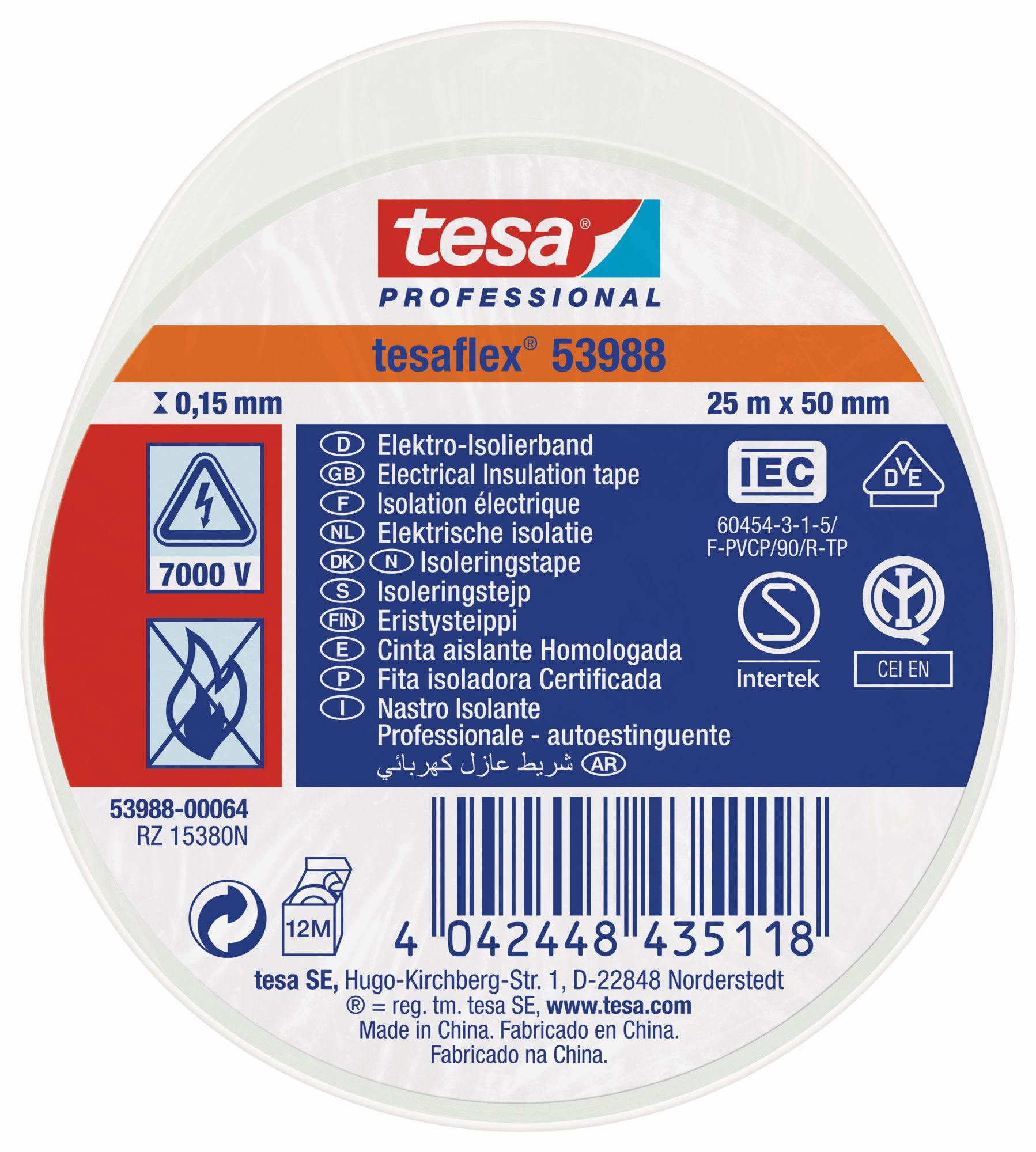 tesa 53988 Cinta Aislante Homologada 25m x 50mm Blanco