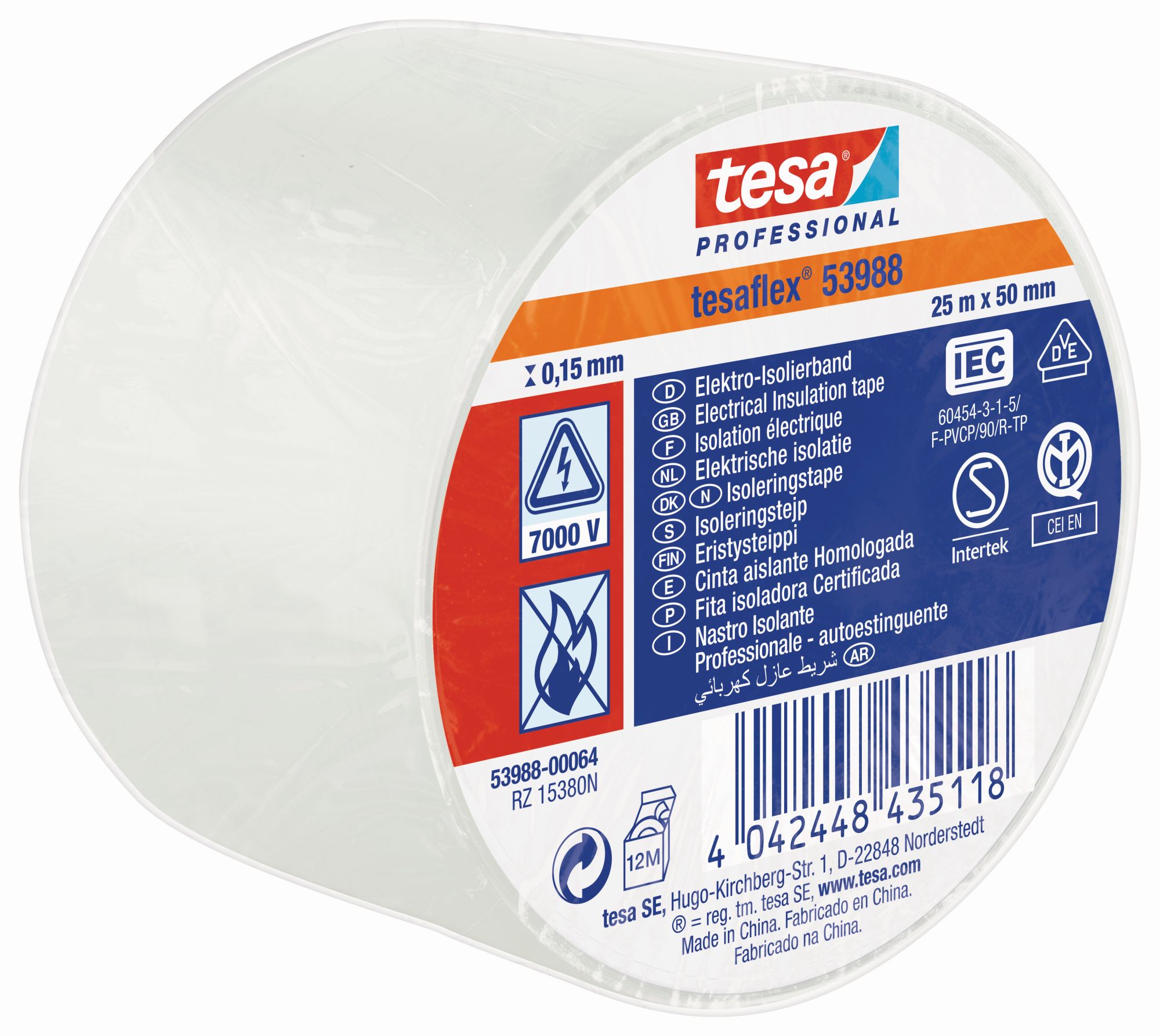tesa 53988 Cinta Aislante Homologada 25m x 50mm Blanco