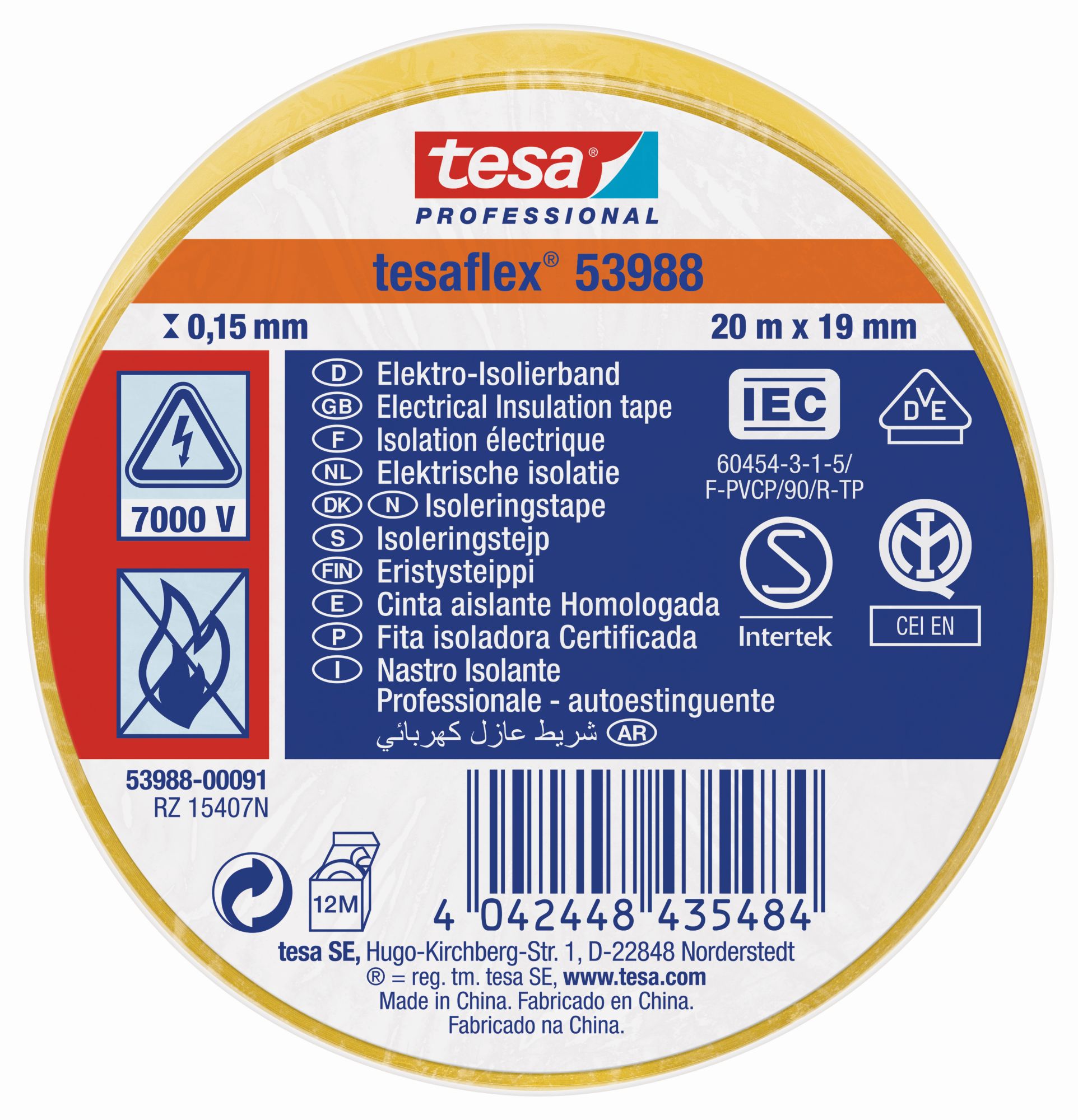 tesa 53988 Cinta Aislante Homologada 20m x 19mm Amarillo