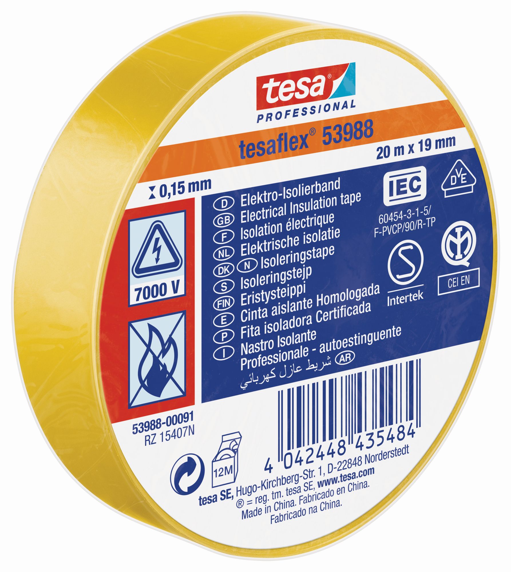 tesa 53988 Cinta Aislante Homologada 20m x 19mm Amarillo