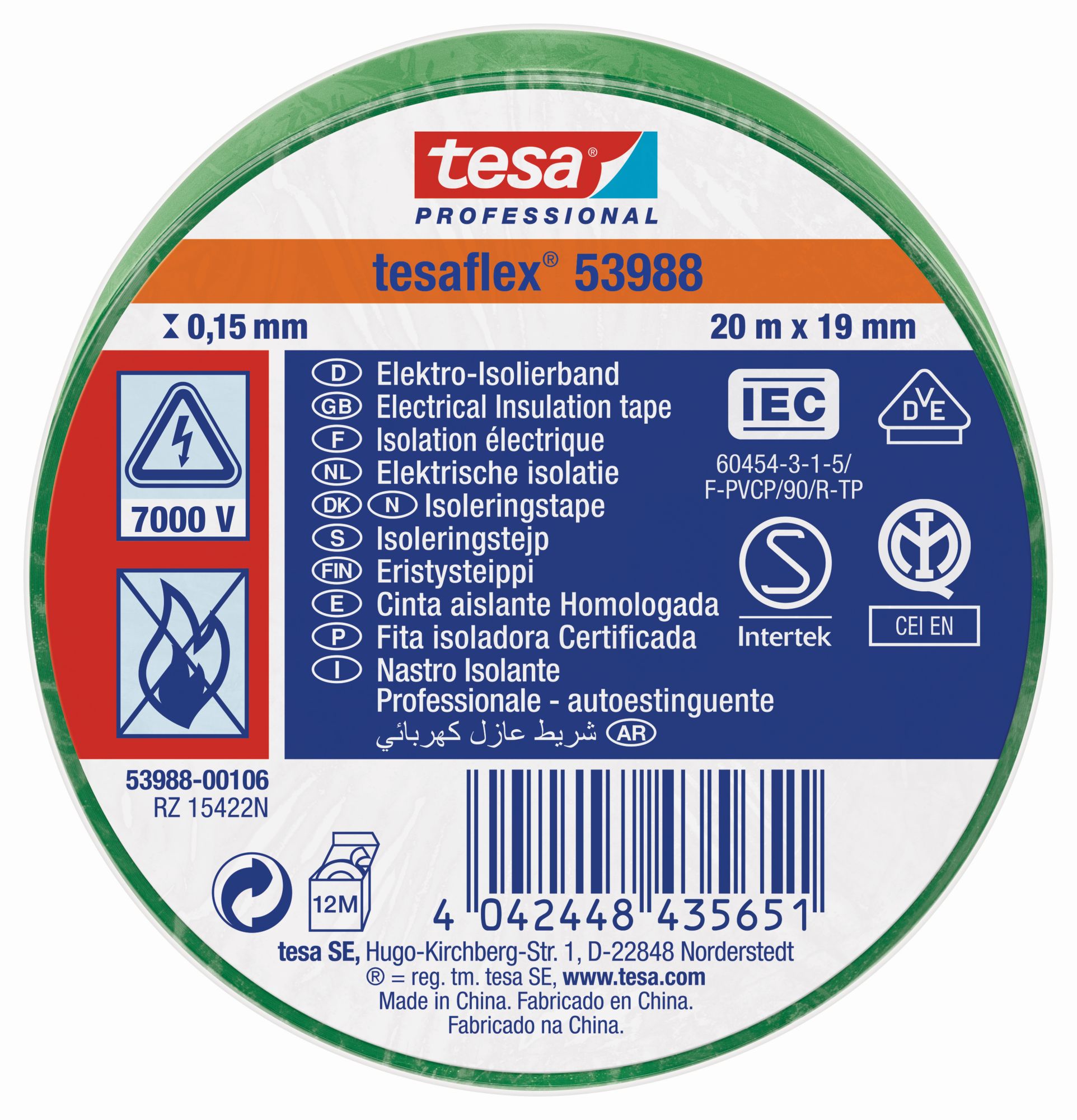 tesa 53988 Cinta Aislante Homologada 20m x 19mm Verde