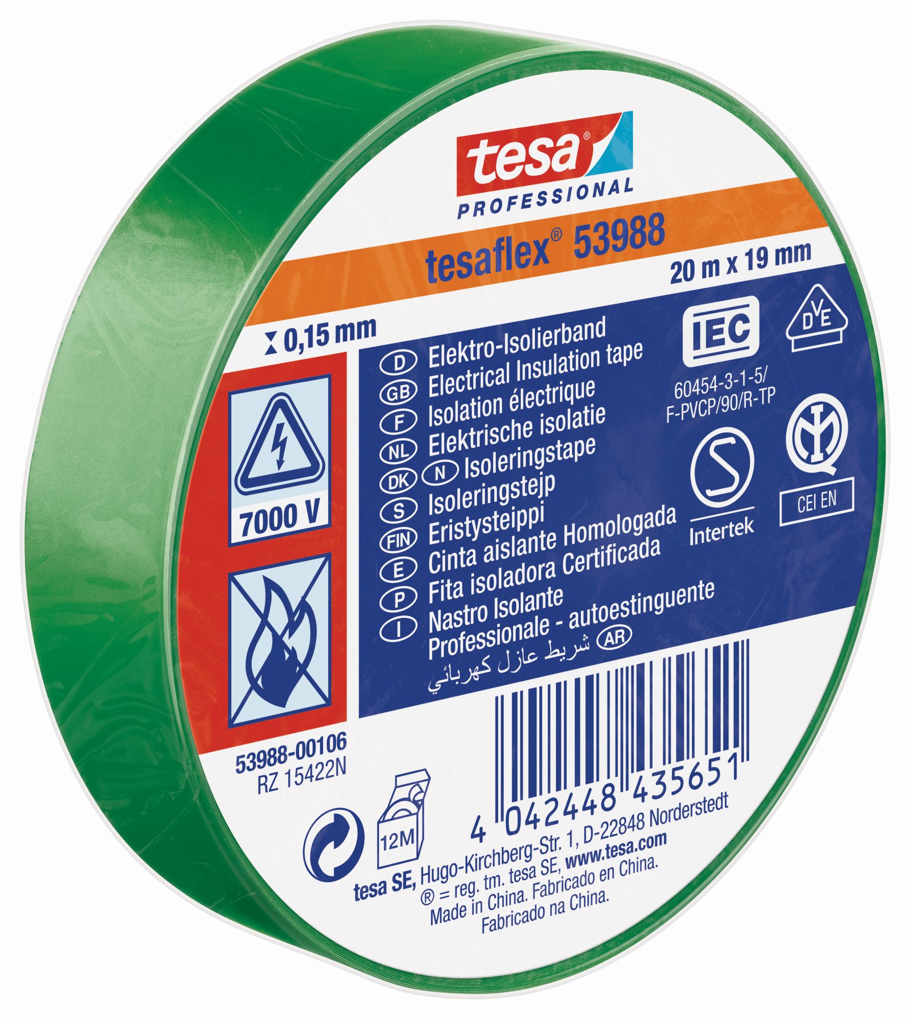 tesa 53988 Cinta Aislante Homologada 20m x 19mm Verde