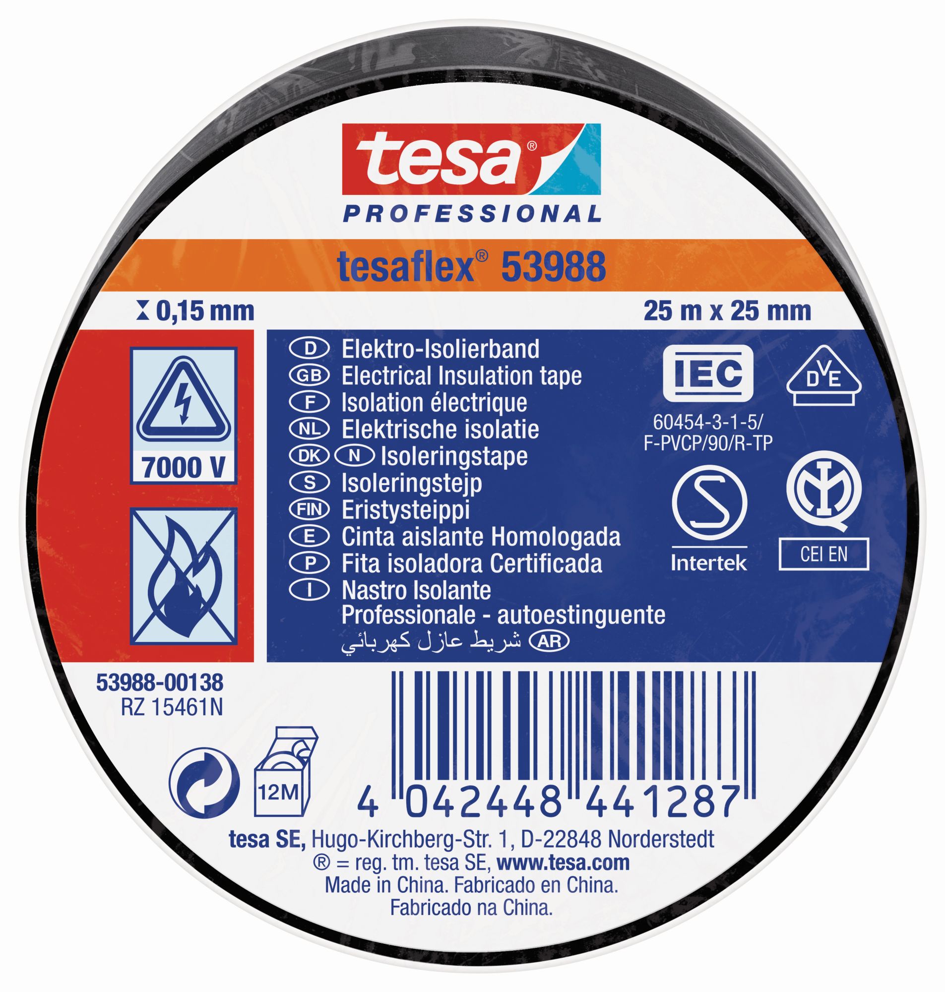 tesa 53988 Cinta Aislante Homologada 25m x 25mm Negro