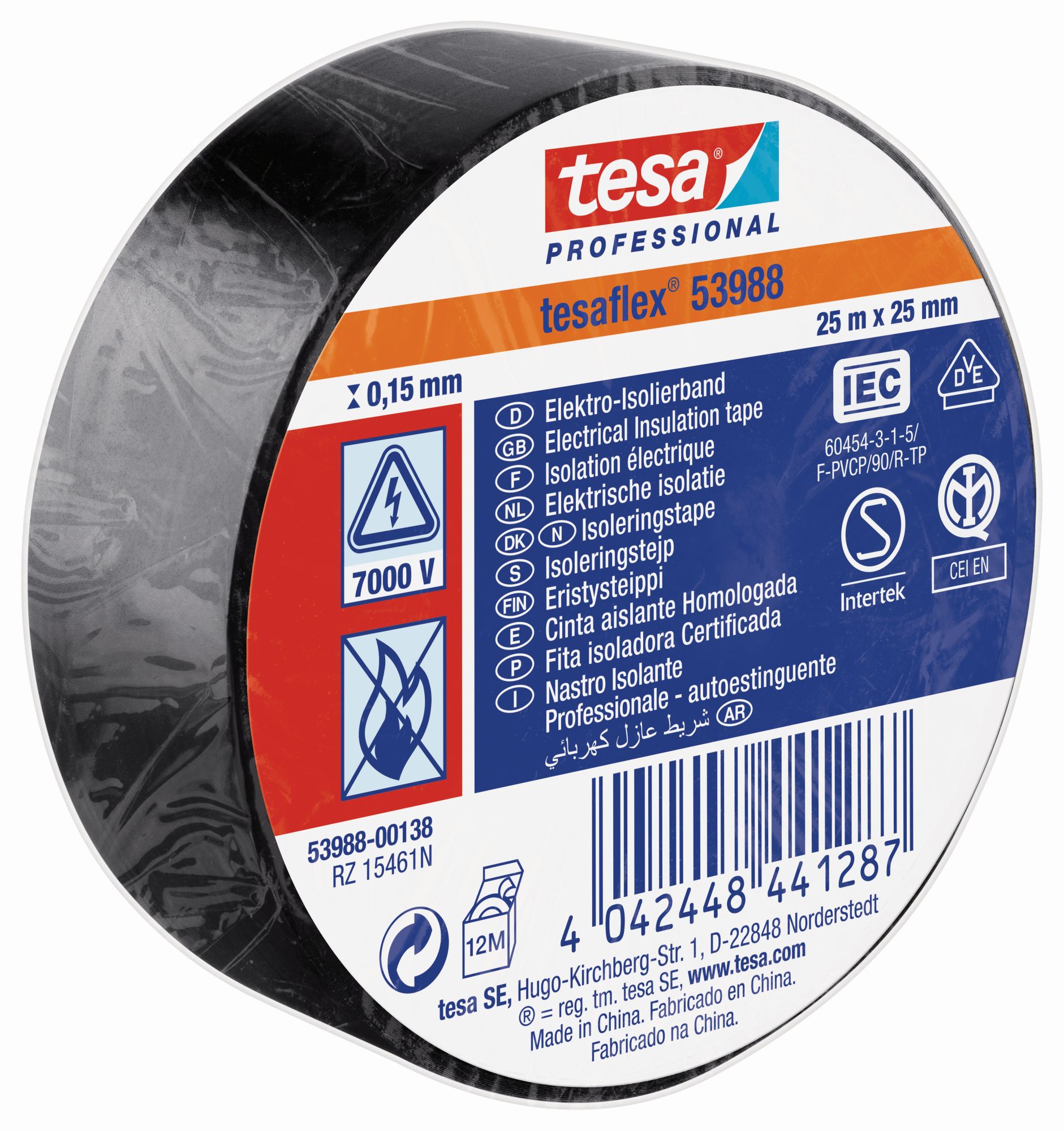 tesa 53988 Cinta Aislante Homologada 25m x 25mm Negro