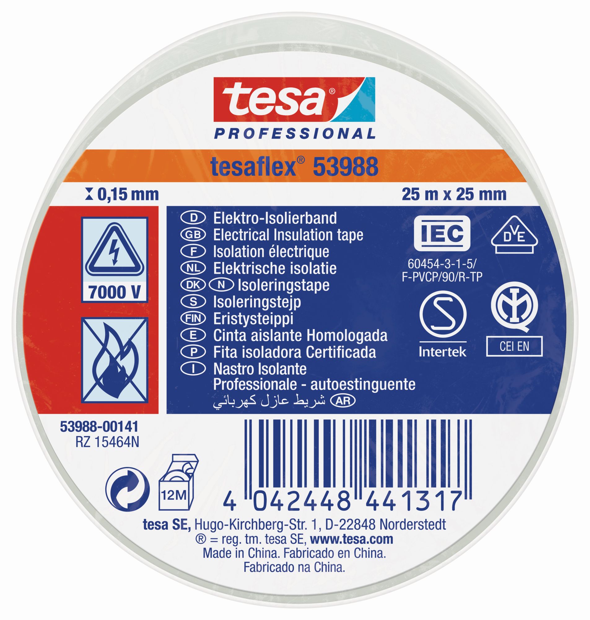 tesa 53988 Cinta Aislante Homologada 25m x 25mm Blanco