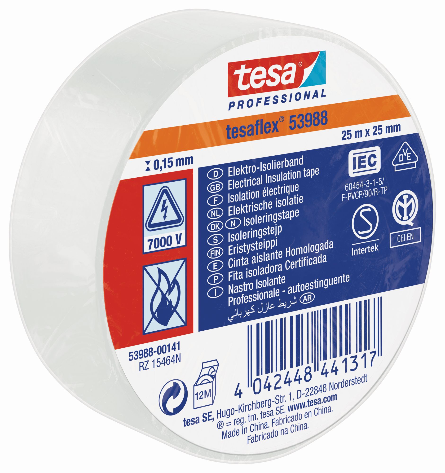 tesa 53988 Cinta Aislante Homologada 25m x 25mm Blanco