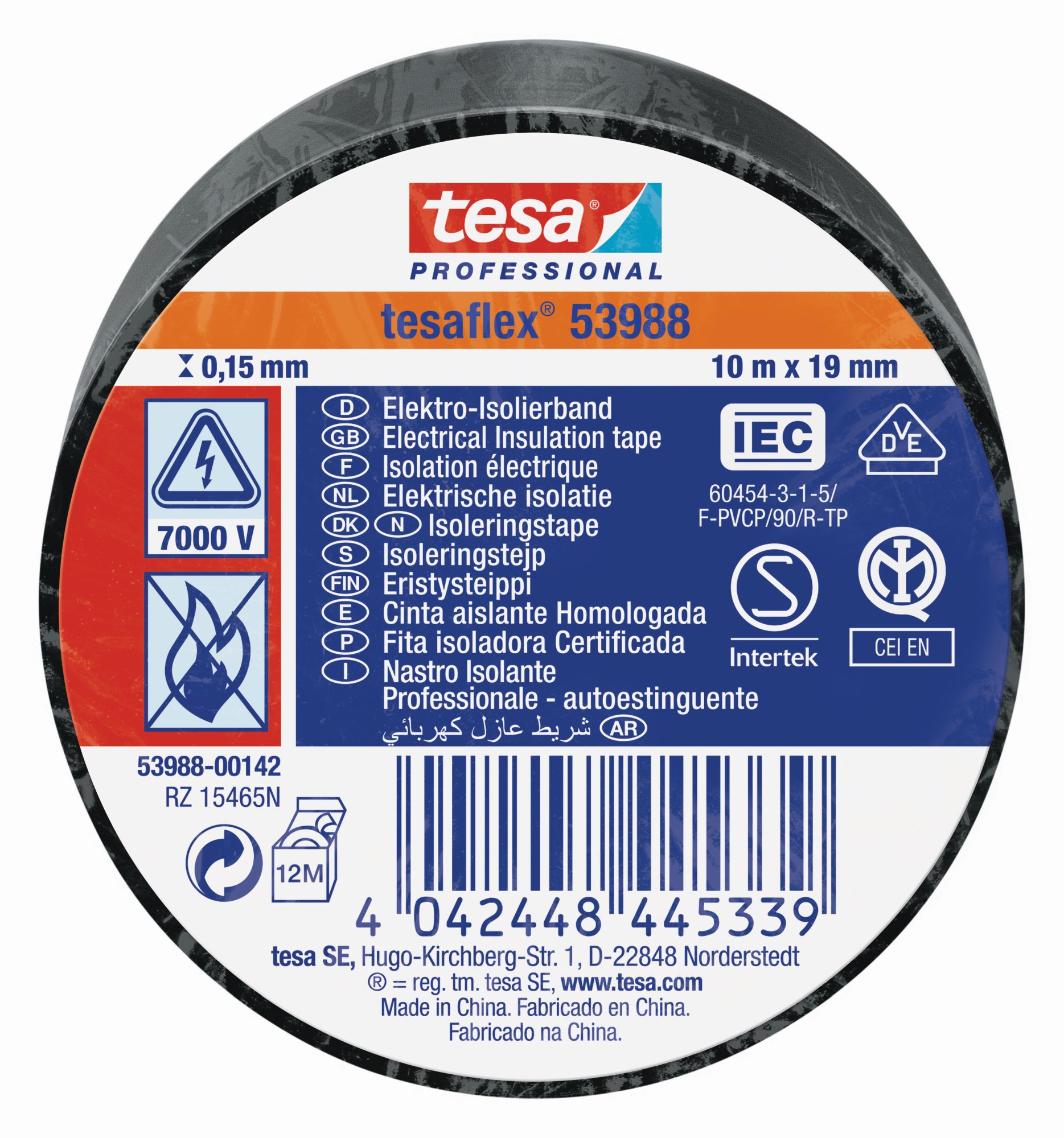 tesa 53988 Cinta Aislante Homologada 10m x 19mm Negro